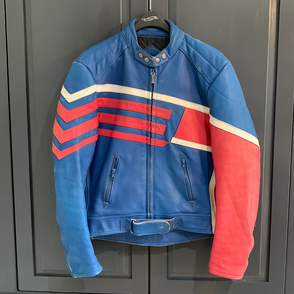 Vintage leather motorcycle jacket red whit and blue size 44
